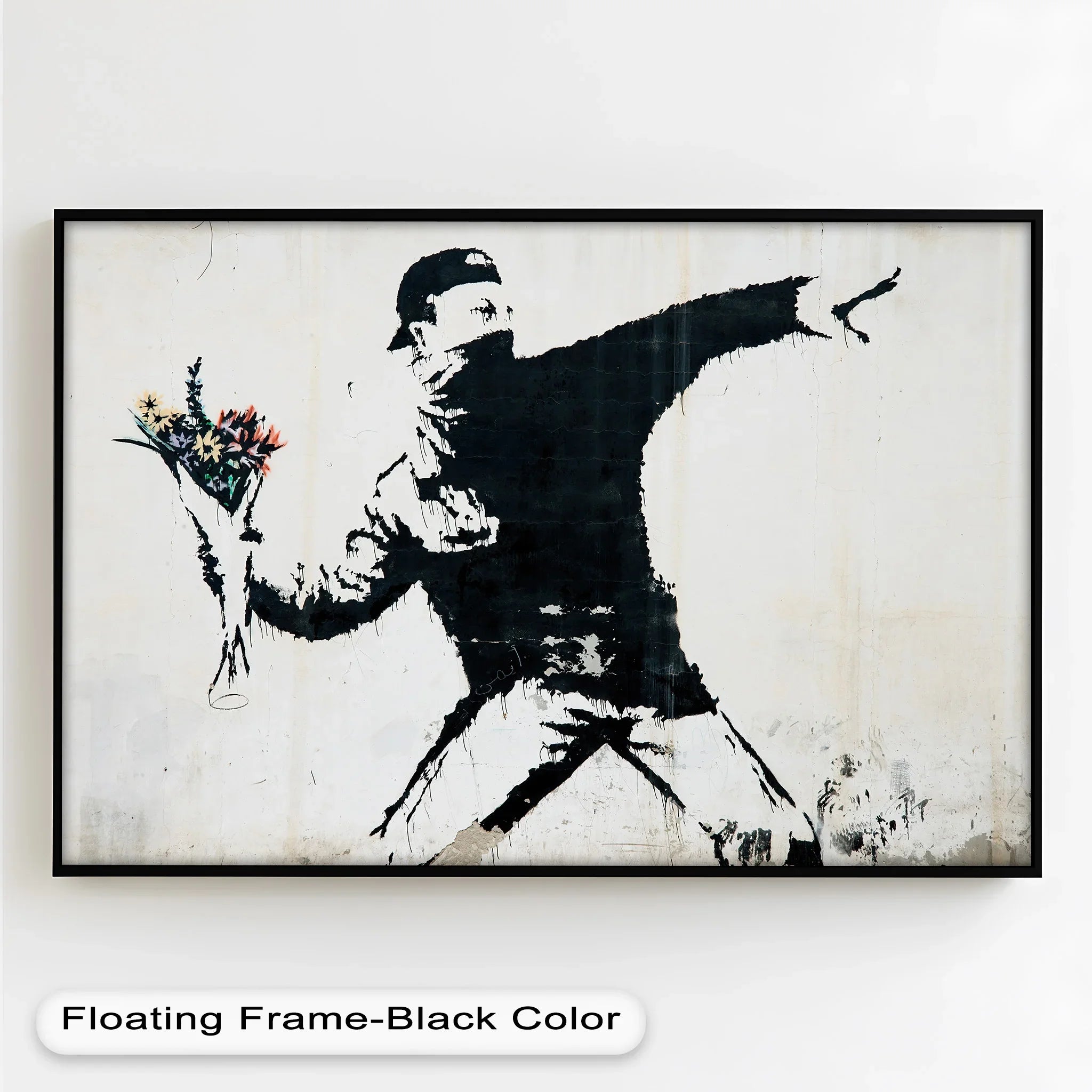 The focal point shows the Flower Thrower Rebellion Banksy oil painting, a striking piece of oil painting decoration depicting a protester with a bouquet.