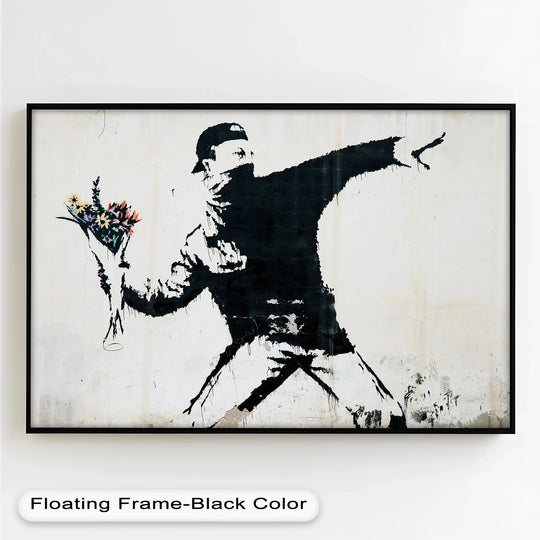 The focal point shows the Flower Thrower Rebellion Banksy oil painting, a striking piece of oil painting decoration depicting a protester with a bouquet.