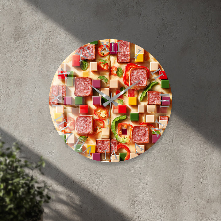 Pizza Glass Wall Clock – Colorful Kitchen Food Decor