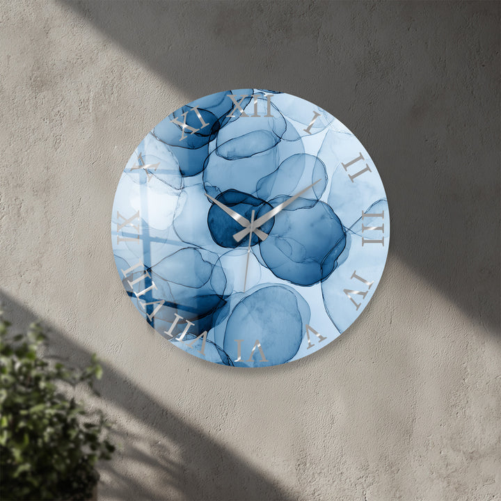 Blue Abstract Glass Wall Clock – Modern Alcohol Ink Art