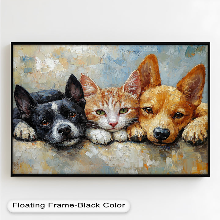 Cat and Dogs Resting Together - Animal Oil Painting