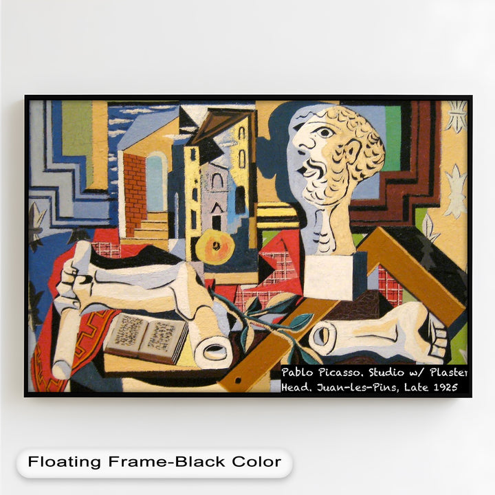Modernist painting with angular forms and a surreal still life including a white plaster sculpture and open book.