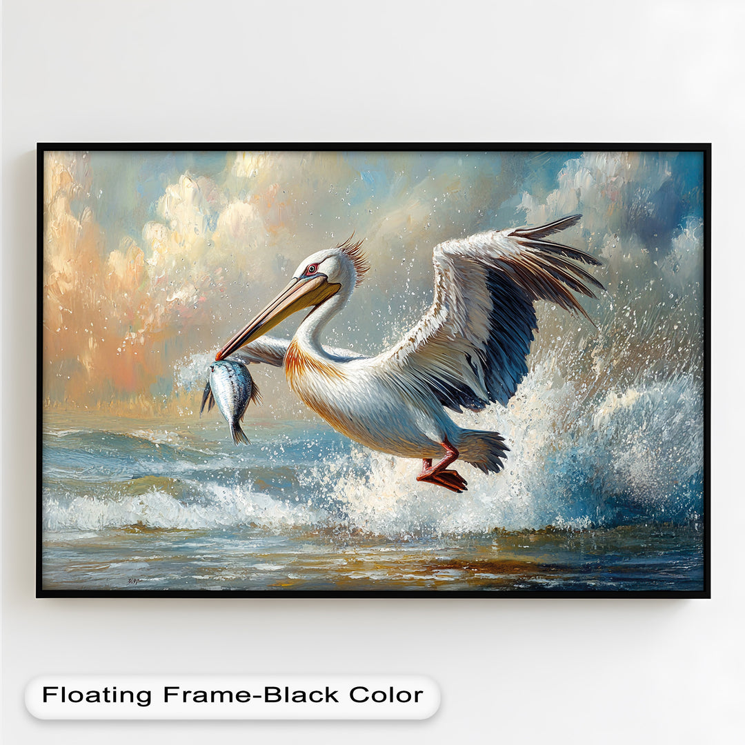Pelican Catching Fish in Ocean Surf – Animal Oil Painting