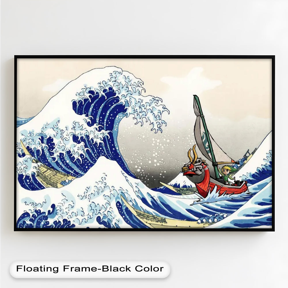 Modern reinterpretation of a Japanese ukiyo-e wave print, showing an animated version of Link sailing through stormy seas in a dragon-headed boat.