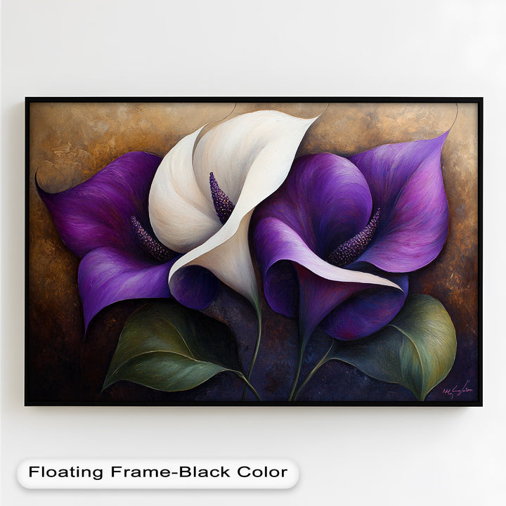 Realistic flower painting with graceful calla lilies against a textured background.
