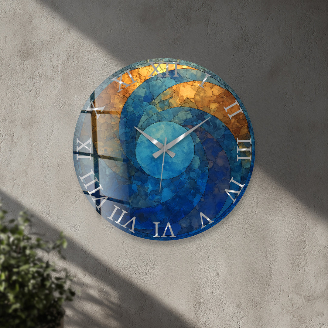Blaue und goldene Glaswanduhr – abstraktes Kreisdekor
