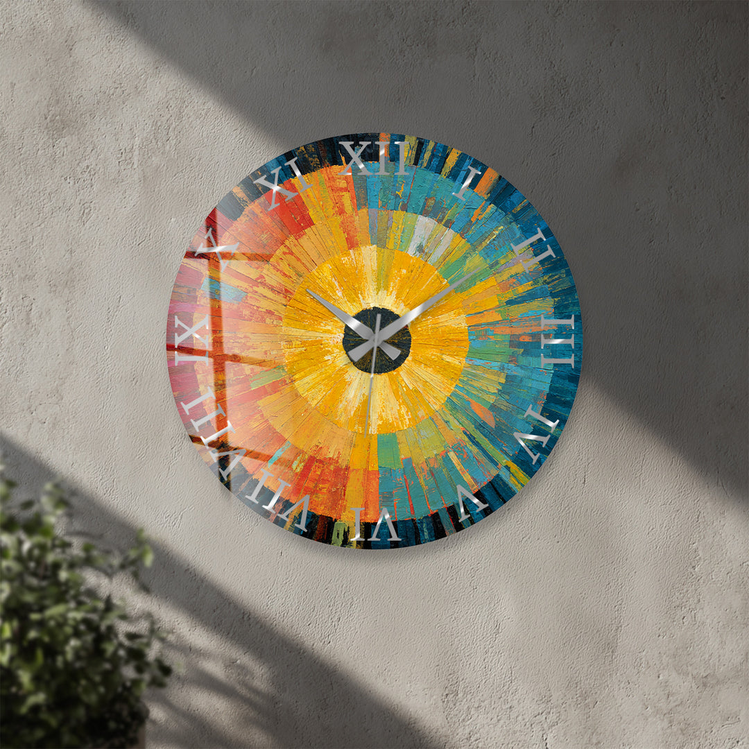 Abstract Sunburst Glass Wall Clock – Colorful Modern Art