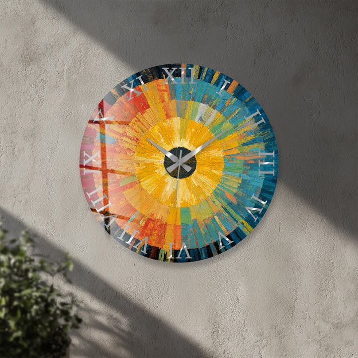 Abstract Sunburst Glass Wall Clock – Colorful Modern Art