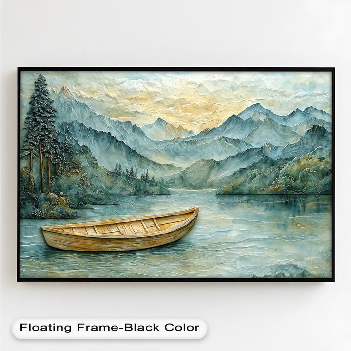 A luxurious nature-inspired artwork depicting a dreamy, peaceful wilderness scene where a boat drifts along still waters, framed by majestic mountain ranges and soft, glowing skies.