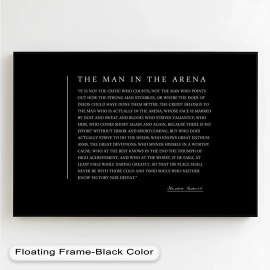 Geometric rectangles frame the inspiring 'Man in the Arena' text, creating a striking oil painting artwork with clean, modern lines.