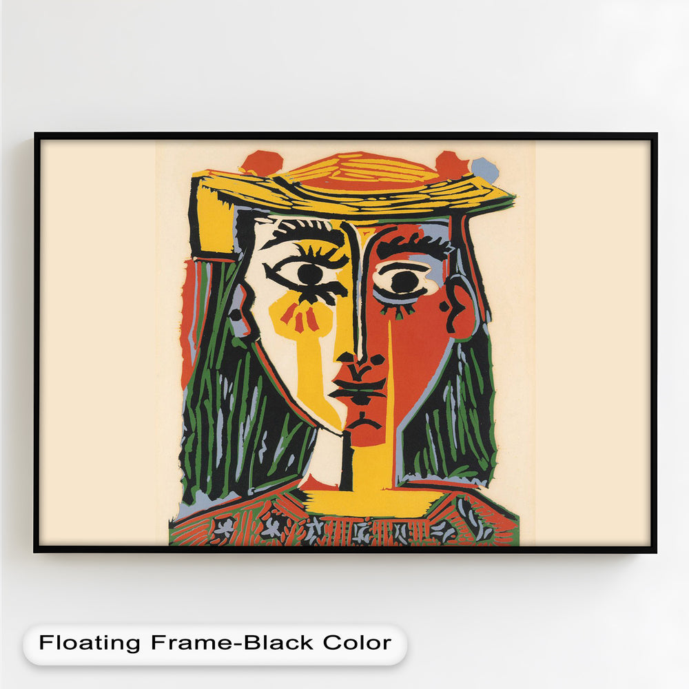 Color-blocked expressionist depiction of a woman’s face, divided symmetrically with exaggerated eyes and stylized black hair in a geometric composition.