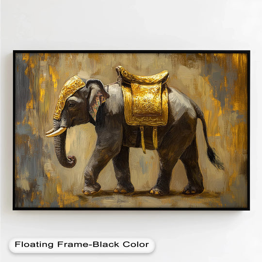 Warm color temperature radiates from the golden hues of the saddle in this regal elephant oil painting wall art.