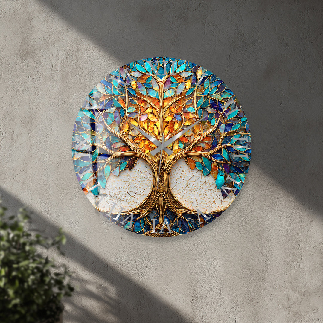 Tree of Life Glass Wall Clock – Blue and Gold Mosaic Decor