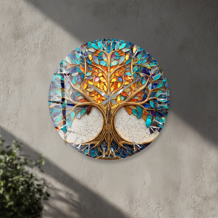 Tree of Life Glass Wall Clock – Blue and Gold Mosaic Decor