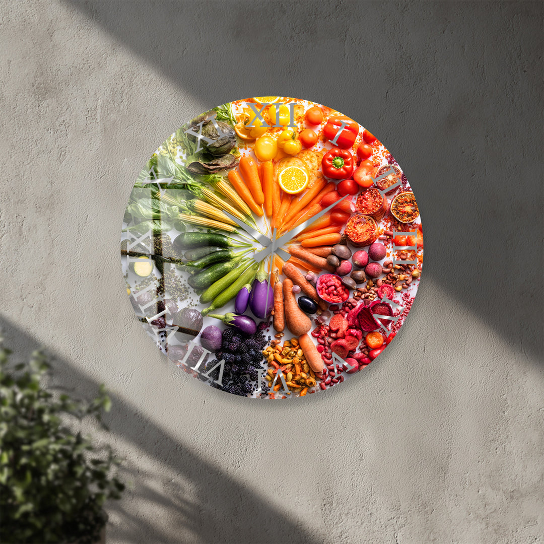 Vegetable Glass Wall Clock – Colorful Farmhouse Kitchen Decor