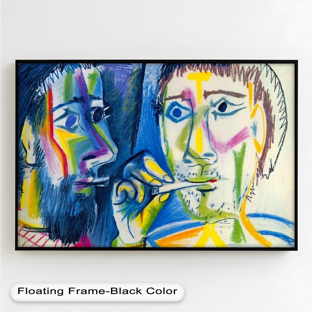 Colorful and cubist-inspired portrait of two men in close interaction, marked by bold lines and fragmented colors.

