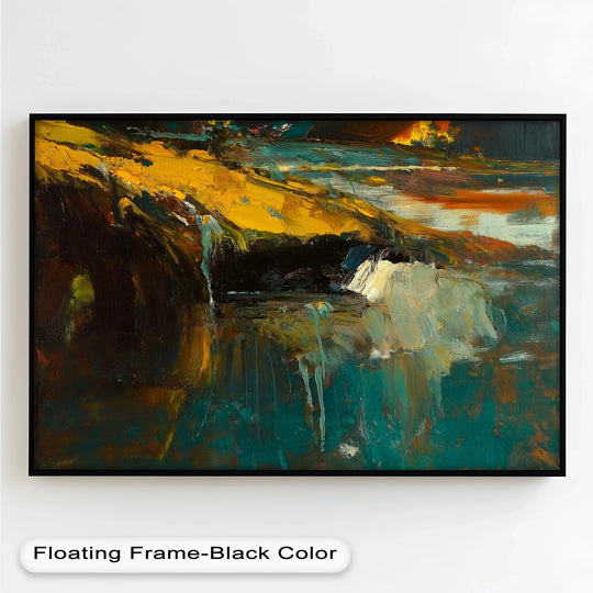 Abstract molten descent is an expressive oil painting art piece showcasing a unique arrangement of vibrant gold, teal, and earth tones.