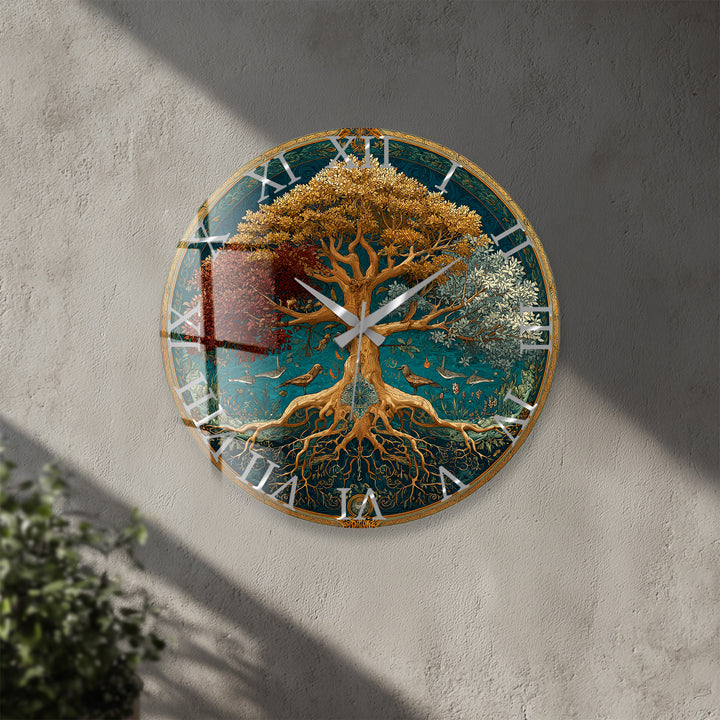 Four Seasons Tree of Life Glass Wall Clock – Botanical Decor