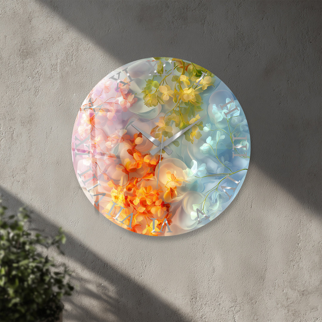 Pastel Floral Glass Wall Clock – Dreamy Botanical Decor
