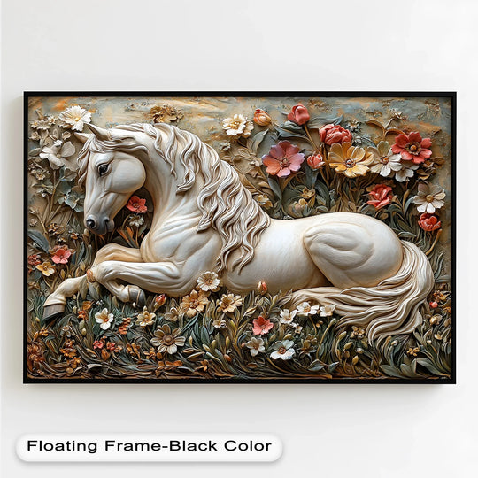 As the central subject, the white horse takes center stage amidst textured flowers in this oil painting artwork, creating a serene and elegant display.