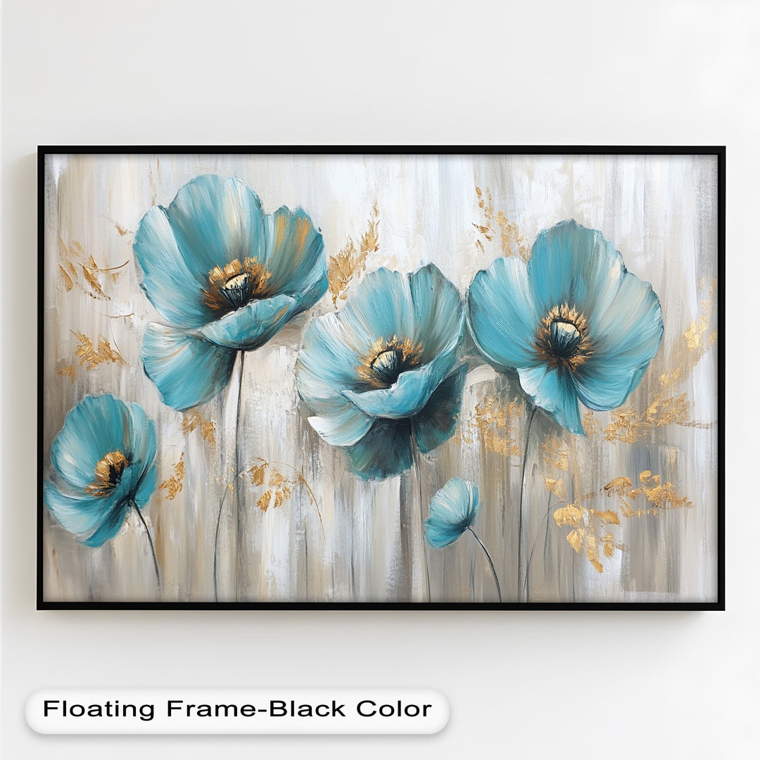 Blue Poppies with Metallic Accents - Flower Oil Painting