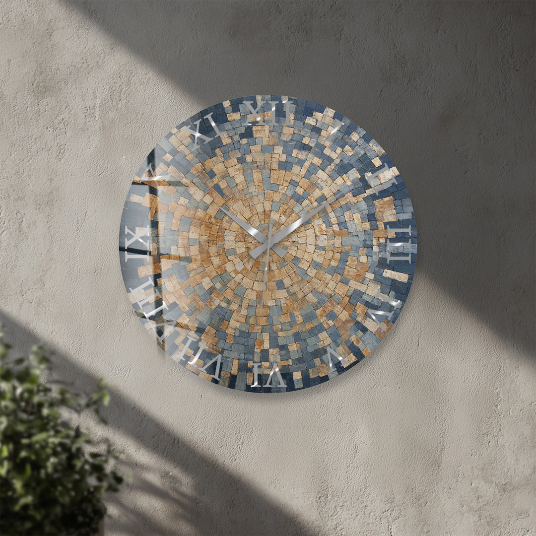 Blue Mosaic Glass Wall Clock – Beige Geometric Circle Art Decor