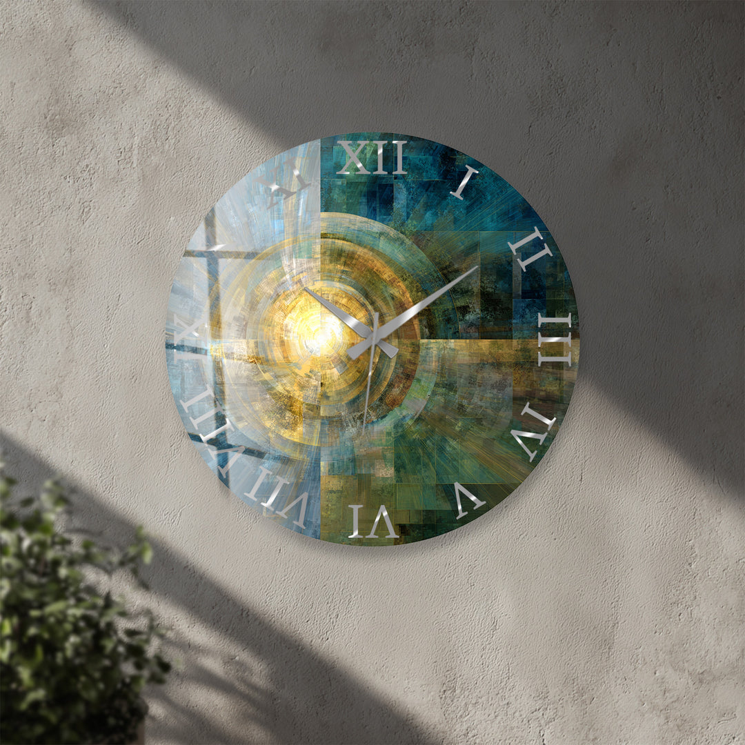 Teal and Gold Glass Wall Clock – Abstract Geometric Art