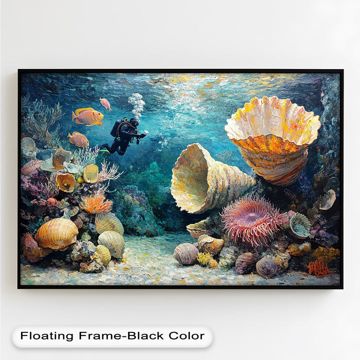 Diver Exploring Coral Reefs with Giant Shells - Animal Oil Painting