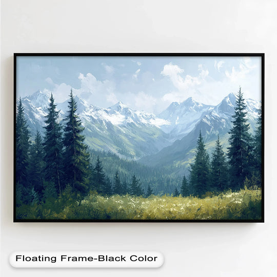 Blending from golden meadows to evergreen forests, this oil painting artwork captures serene mountains as a colorful transition within the landscape.