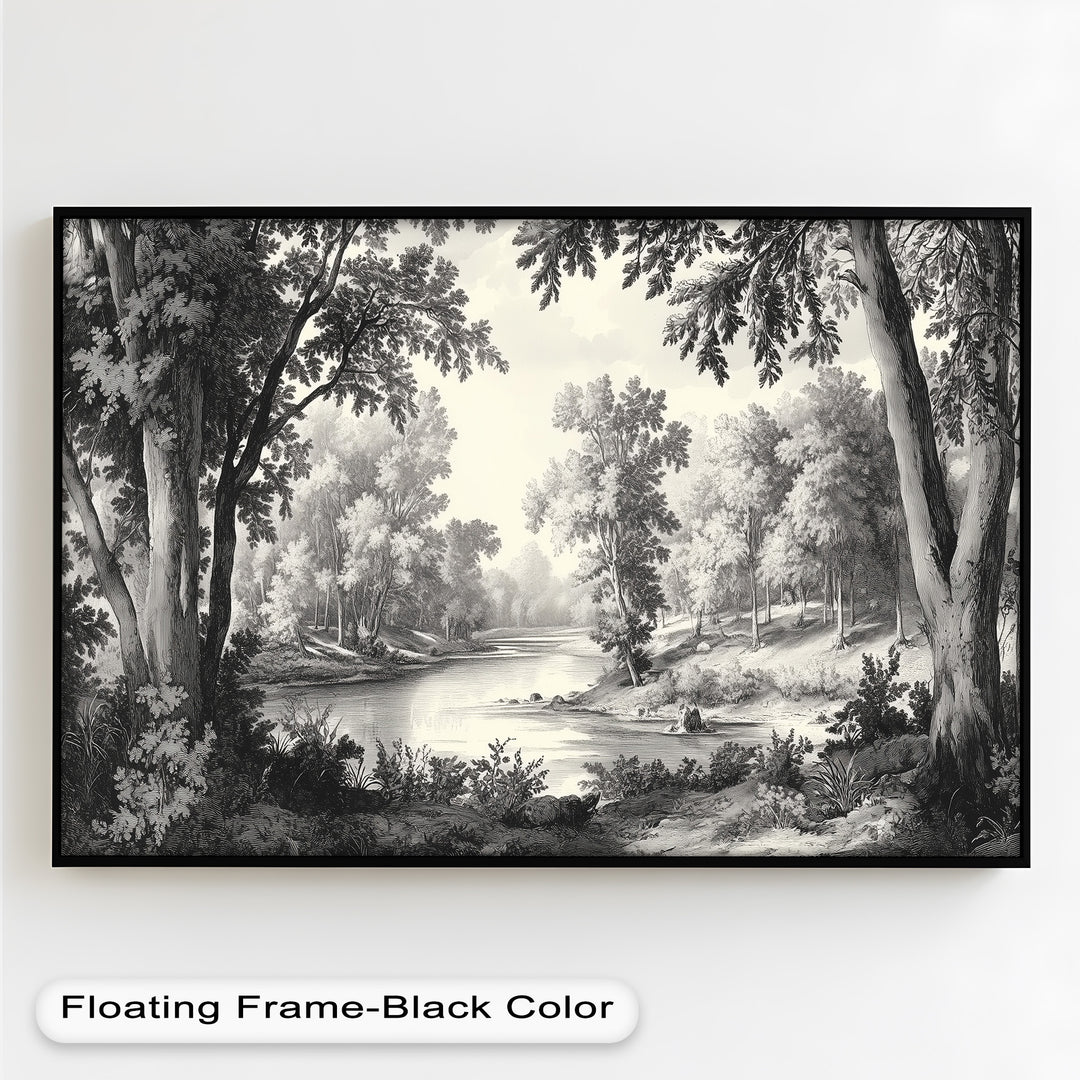 Zeitloser Waldfluss – Monochromes Landschaftsölgemälde