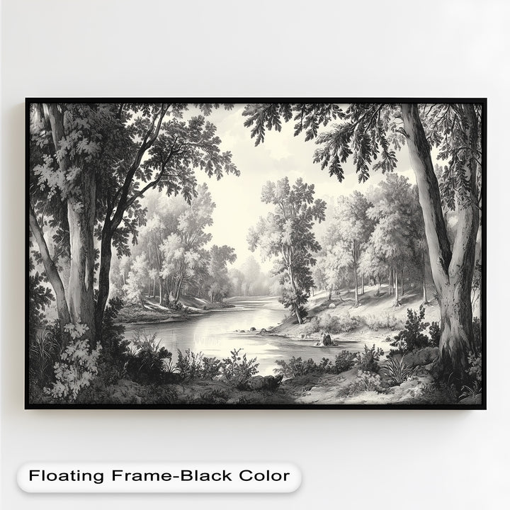 Zeitloser Waldfluss – Monochromes Landschaftsölgemälde
