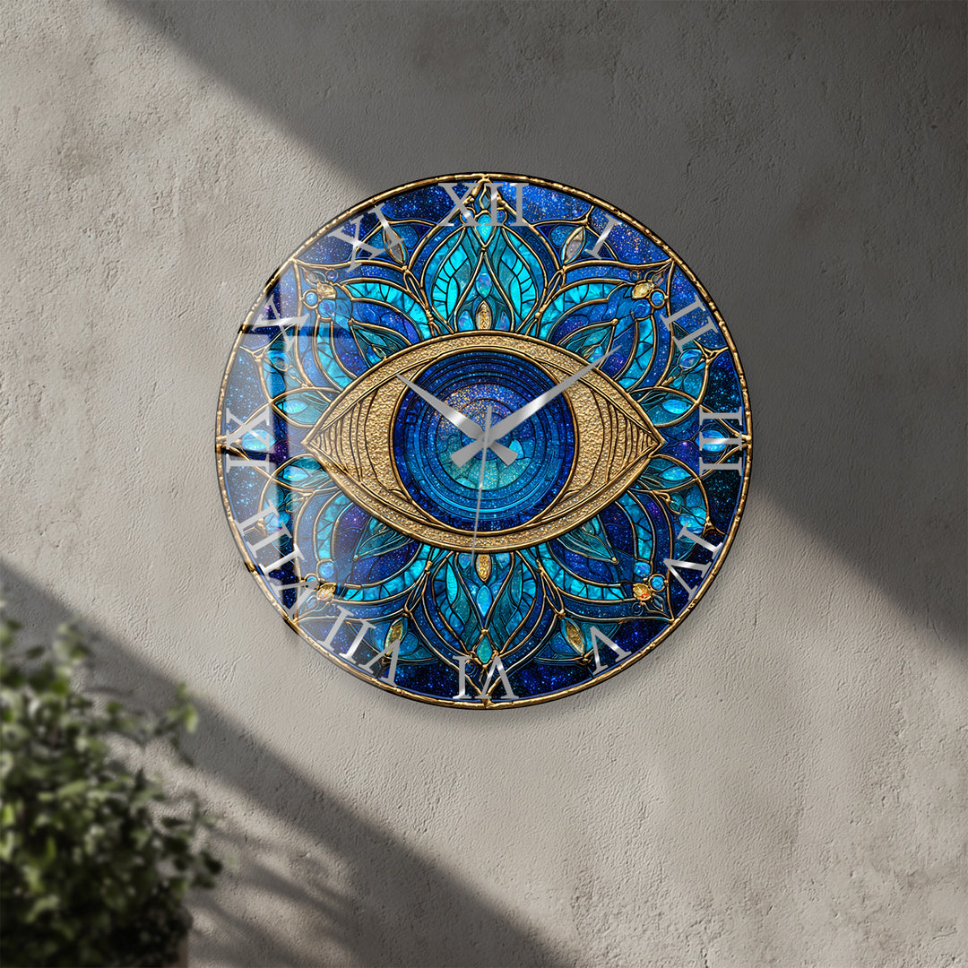 Evil Eye Glass Wall Clock – Blue Mandala Wall Decor