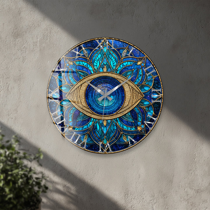 Evil Eye Glass Wall Clock – Blue Mandala Wall Decor
