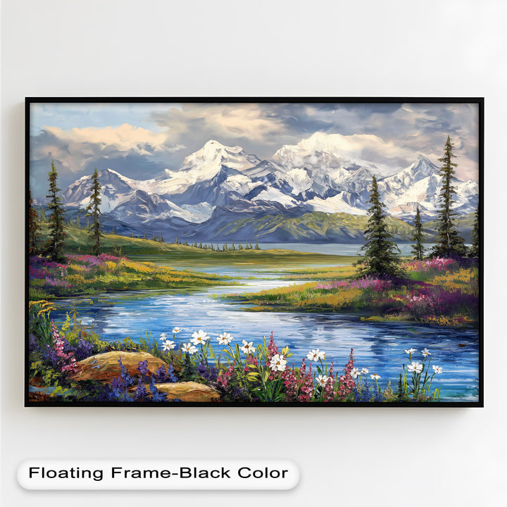 Transport yourself to a serene mountain retreat with this expertly crafted oil painting. The harmonious balance of crisp blues, lush greens, and radiant floral hues creates a captivating sense of depth and tranquility.

