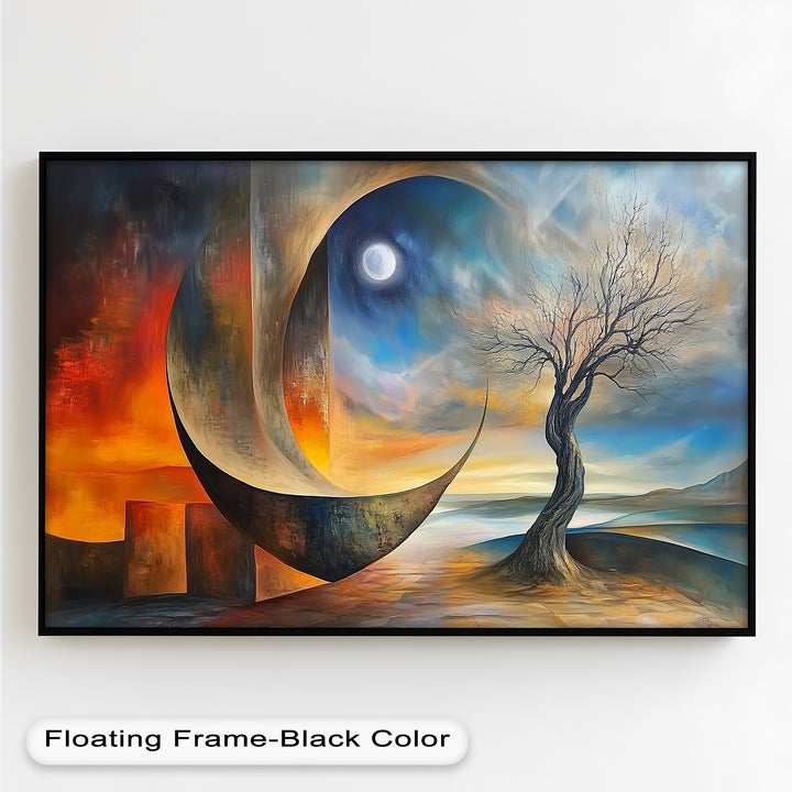 Moonlit Tree and Surreal Horizon - Abstract Oil Painting