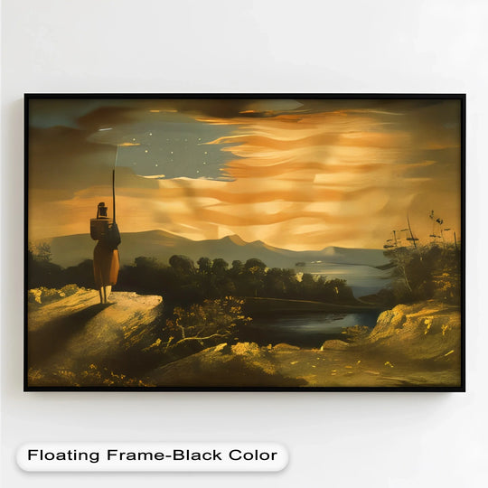 Dramatic golden clouds and a figure on a cliff define the loudest element in this stars of liberty symbolic American flag patriotic oil painting art prints.