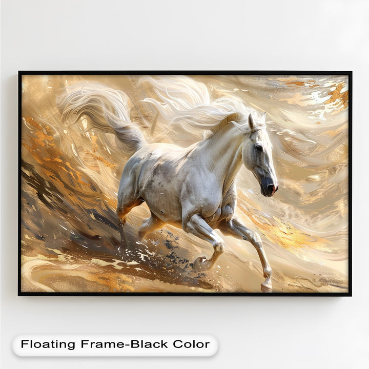 A stunning framed wall art piece depicting a noble horse in motion, its mane and tail blending seamlessly into the flowing golden background.