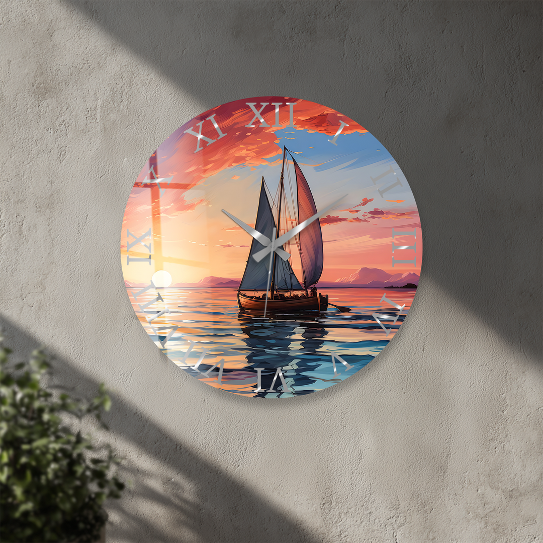 Sunset Sailboat Glass Wall Clock – Coastal Nautical Decor