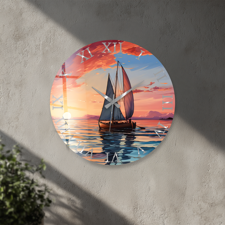 Sunset Sailboat Glass Wall Clock – Coastal Nautical Decor