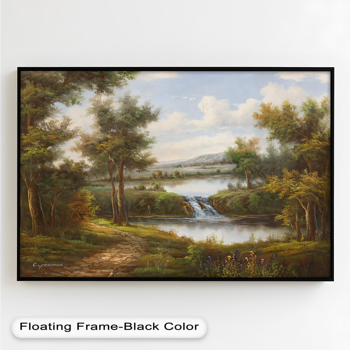 Tranquil Forest Cascade – Vintage Oil Painting