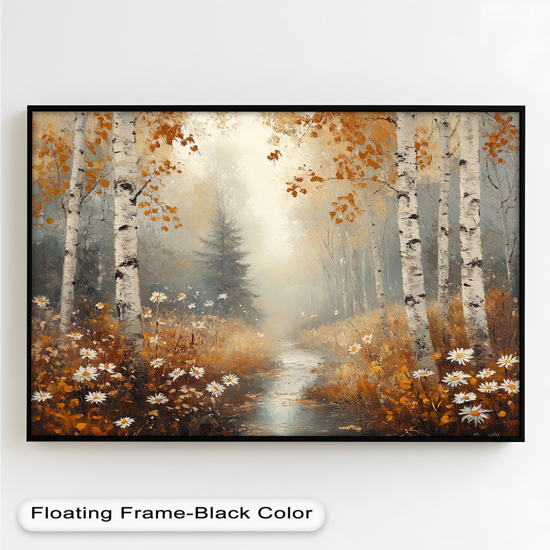 Step into a tranquil autumn woodland with this breathtaking oil painting. Featuring elegant white birch trees, golden leaves, and delicate wildflowers along a winding forest path, this framed wall art creates a warm and inviting atmosphere.

