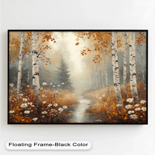 Highlighting the abstract quality, the 'Golden Fall Leaves' oil painting home decor presents a serene autumn forest in strokes of golden foliage, showcasing its impressionistic beauty.