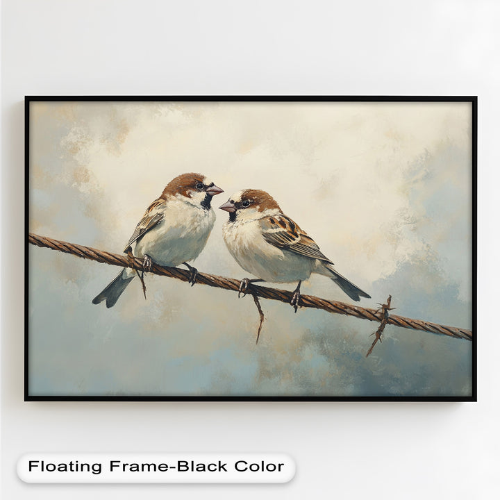 Two Sparrows on a Wire – Bird Oil Painting