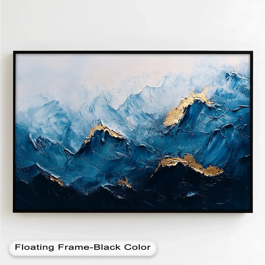The layering effect in this blue ridge modern oil painting art creates a textured abstract mountain range with bold hues and metallic accents.