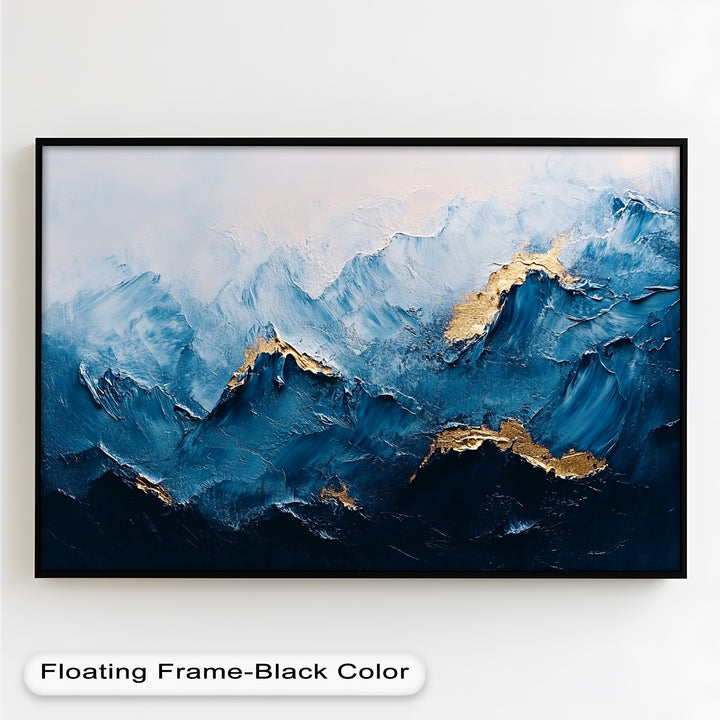Abstract landscape artwork featuring deep navy peaks and golden accents.
