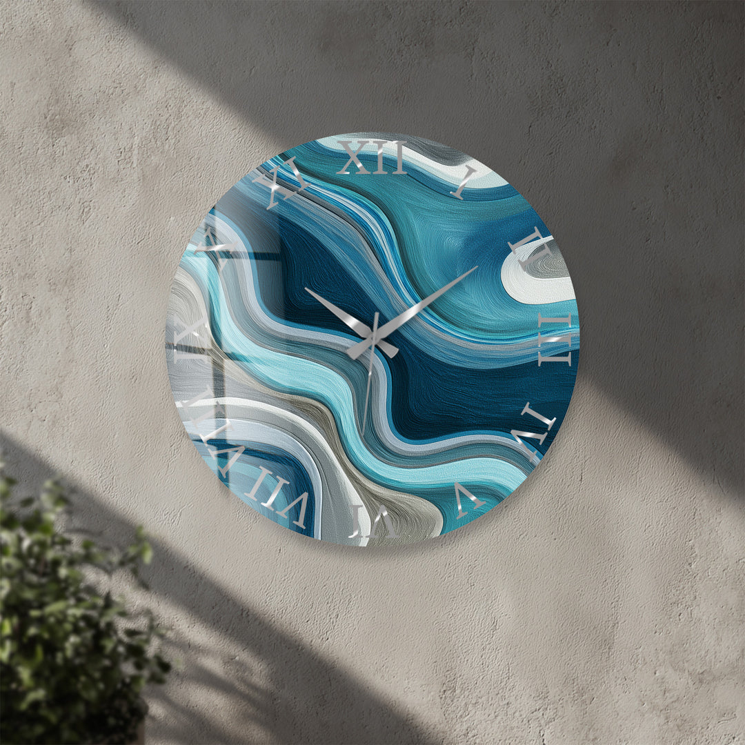 Blue Abstract Glass Wall Clock – Teal Wave Modern Decor
