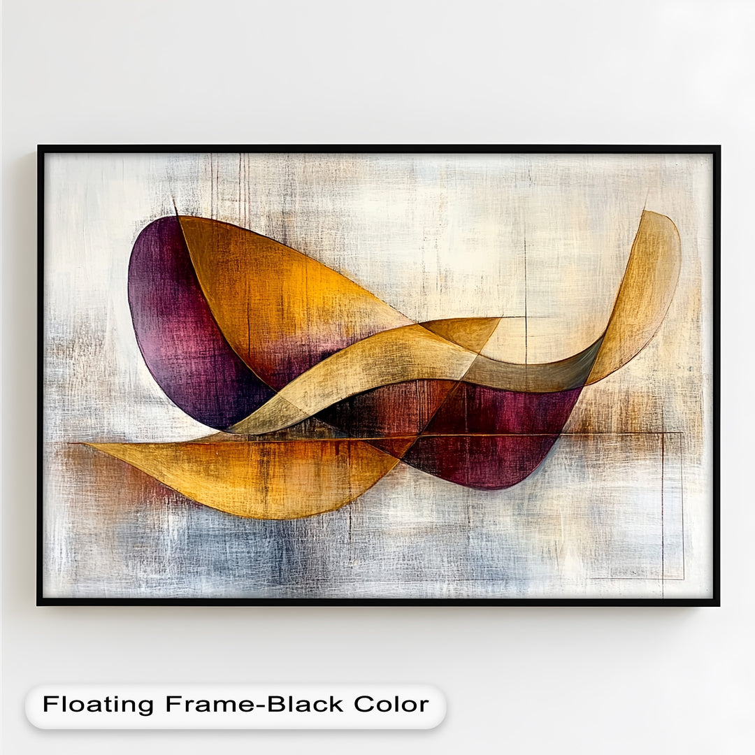 Abstract geometric painting with flowing golden and deep purple curves.
