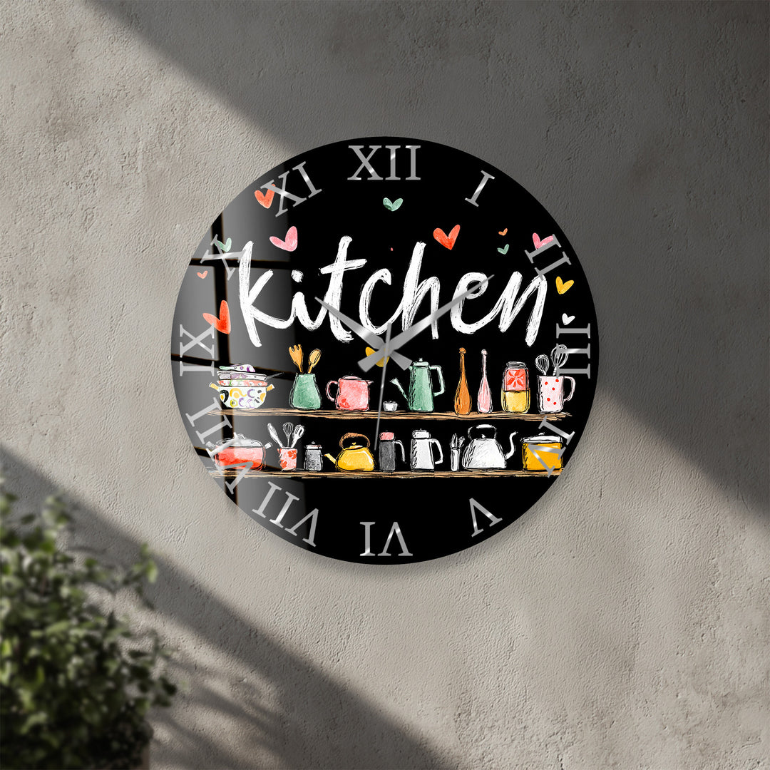 Cute Kitchen Glass Wall Clock – Colorful Cooking Utensils Decor