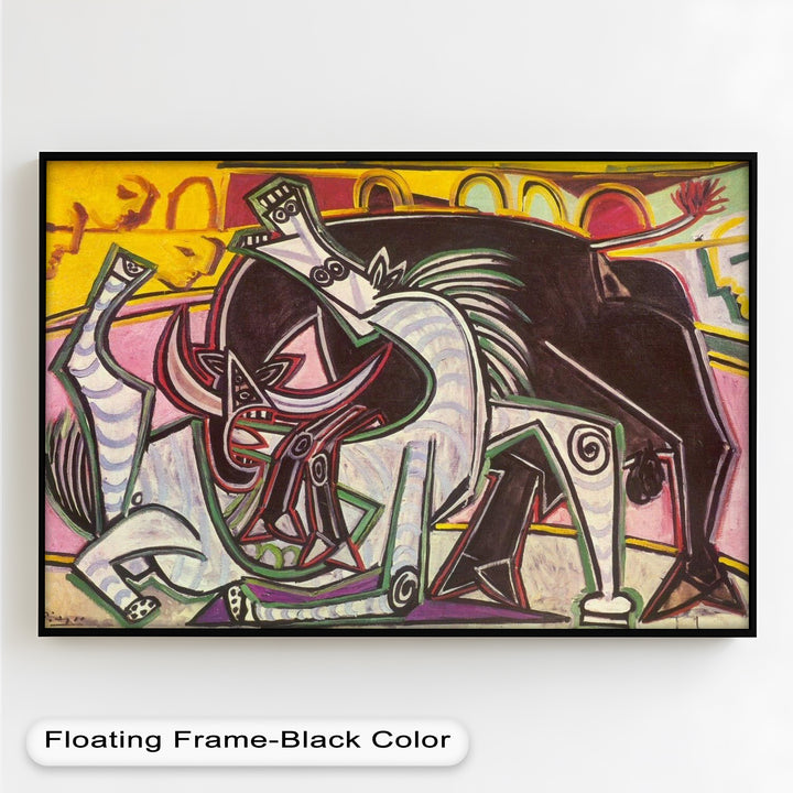 A powerful and chaotic artwork depicting a struggle between animal and man, using angular forms and vibrant tones.