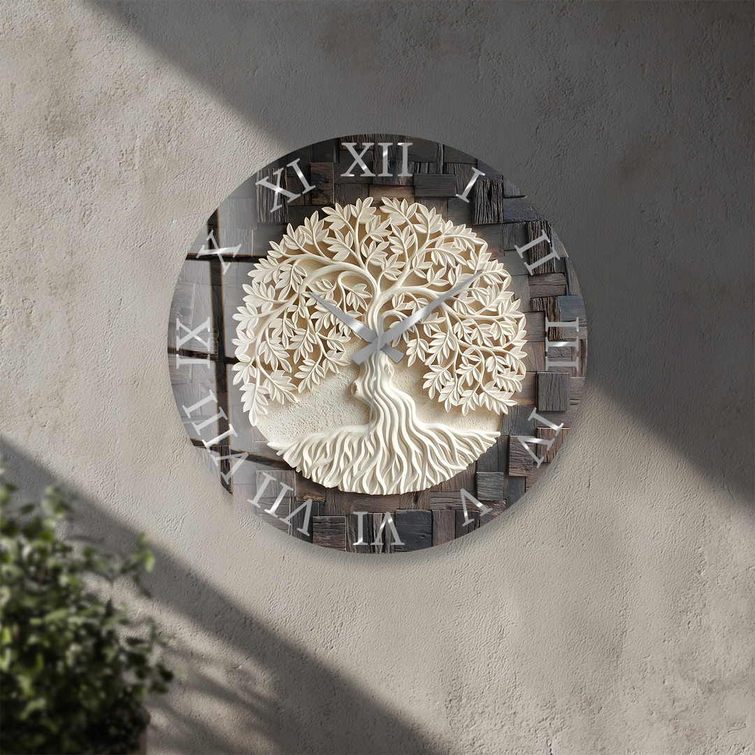 Tree of Life Glass Wall Clock – Rustic Wood Look Decor